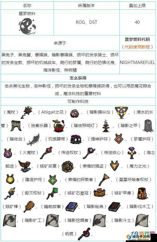 饥荒噩梦燃料获取攻略与代码图鉴介绍