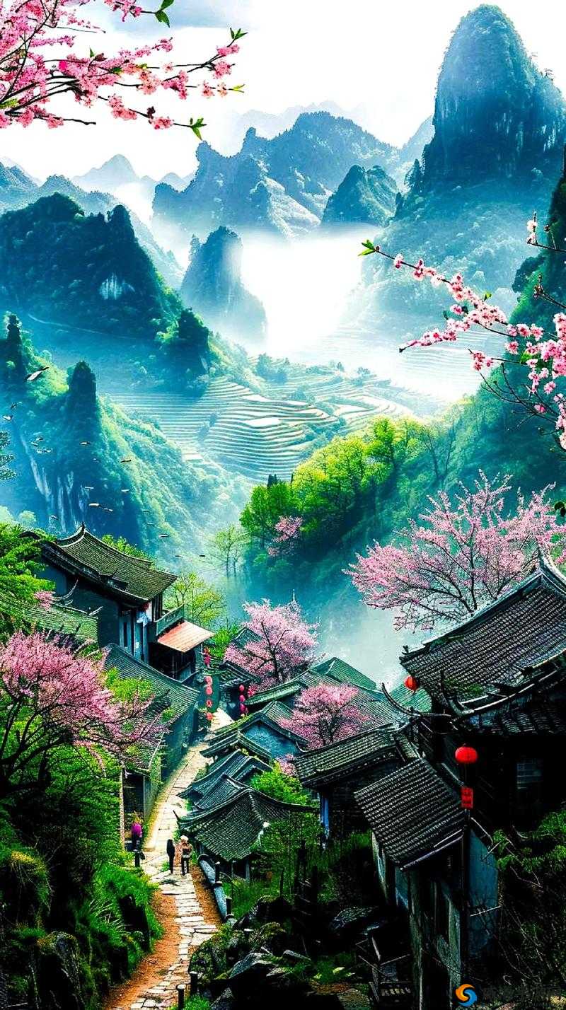 桃花源那水潺潺流淌，如诗如画般的美妙景致